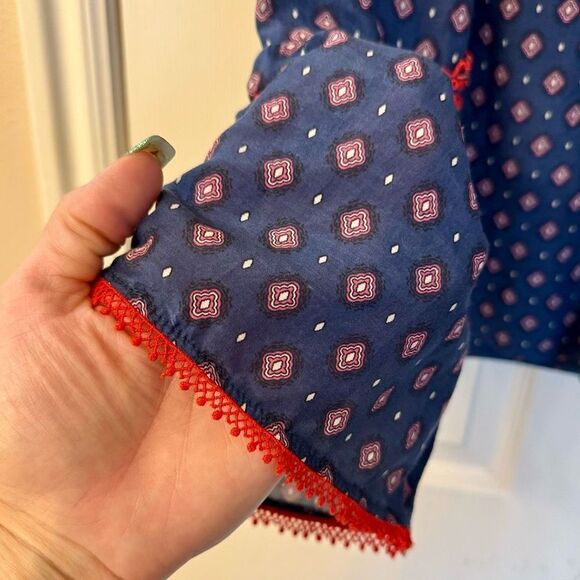 J. Crew Embroidered Blue & Red Long Bell-Sleeve Silk Blend Foulard Top Women's - Picture 5 of 11